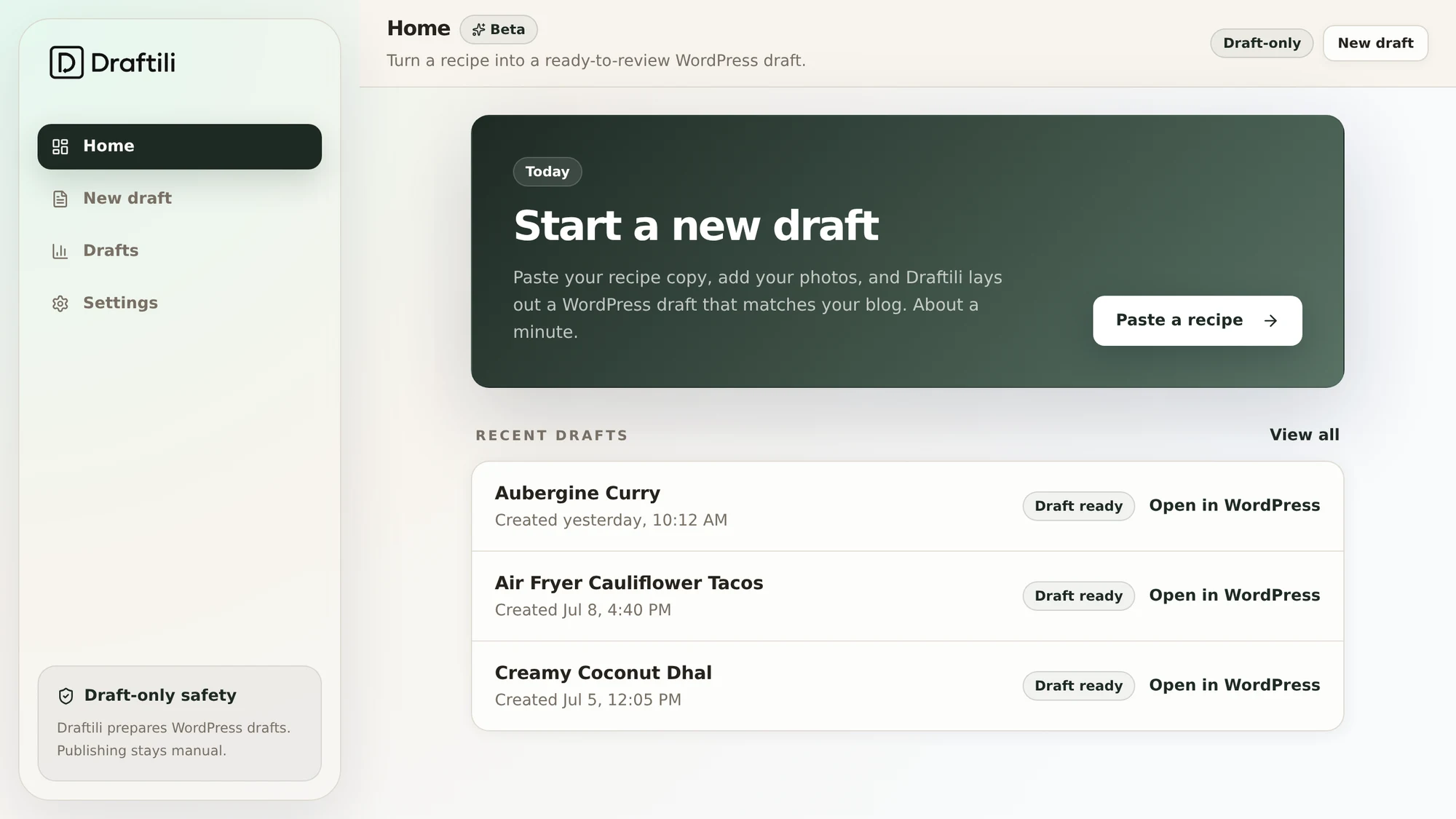 Draftili home screen showing the start of a new recipe draft and recent drafts ready to open in WordPress