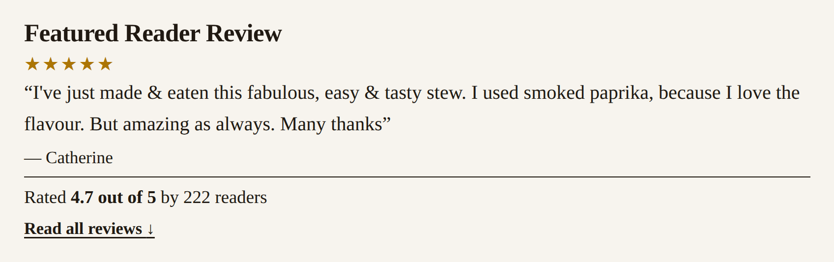 Featured Reader Review plugin block on a live Healthy Living James recipe page
