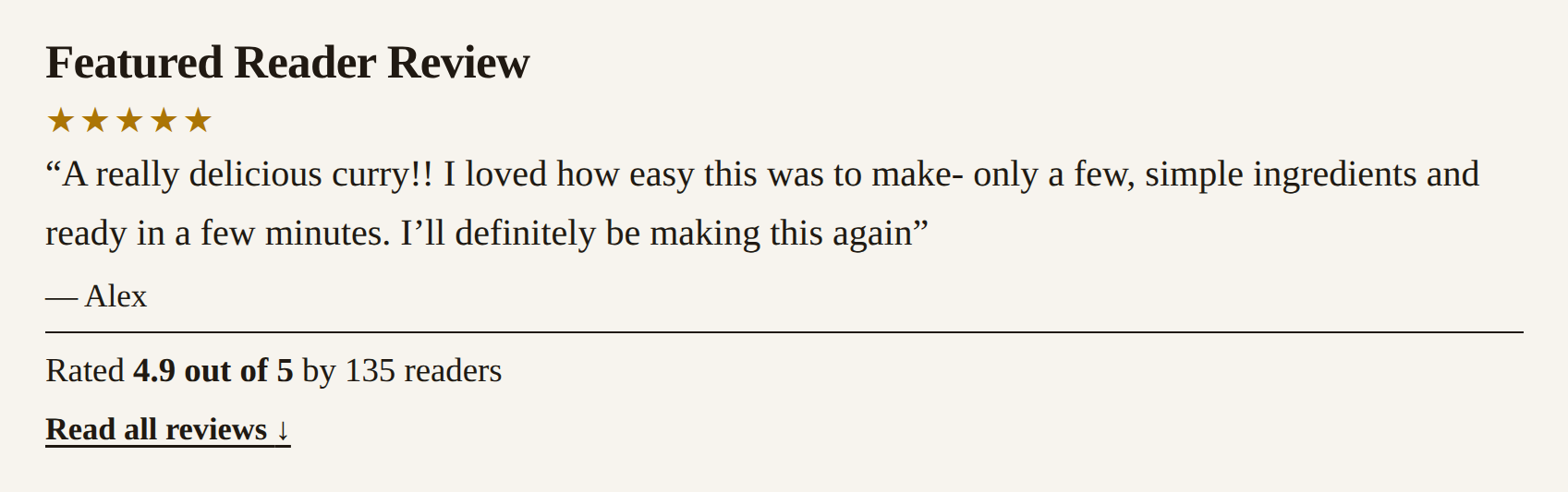 The same Featured Reader Review plugin block on another Healthy Living James recipe