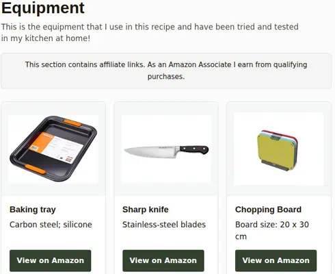 Recipe equipment photo cards for kitchen tools, with View on Amazon buttons