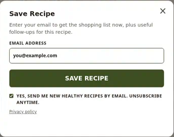 Save Recipe form asking for an email so the reader can get the shopping list