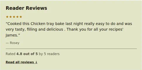 Reader Reviews spotlight showing a real five-star comment above the recipe
