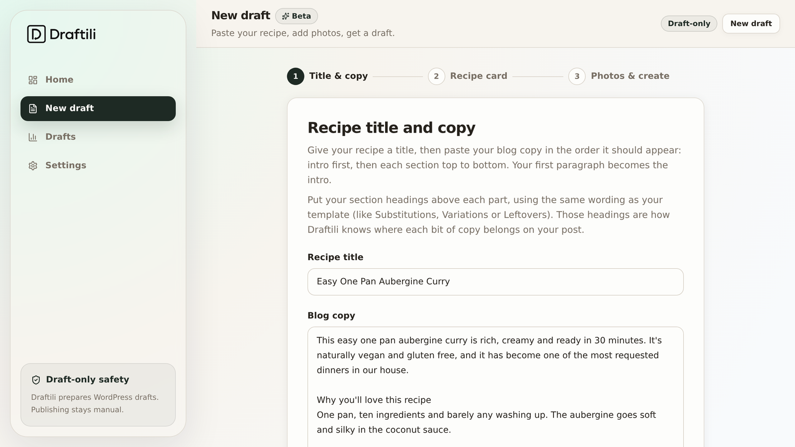 Recipe to Post screen in Draftili