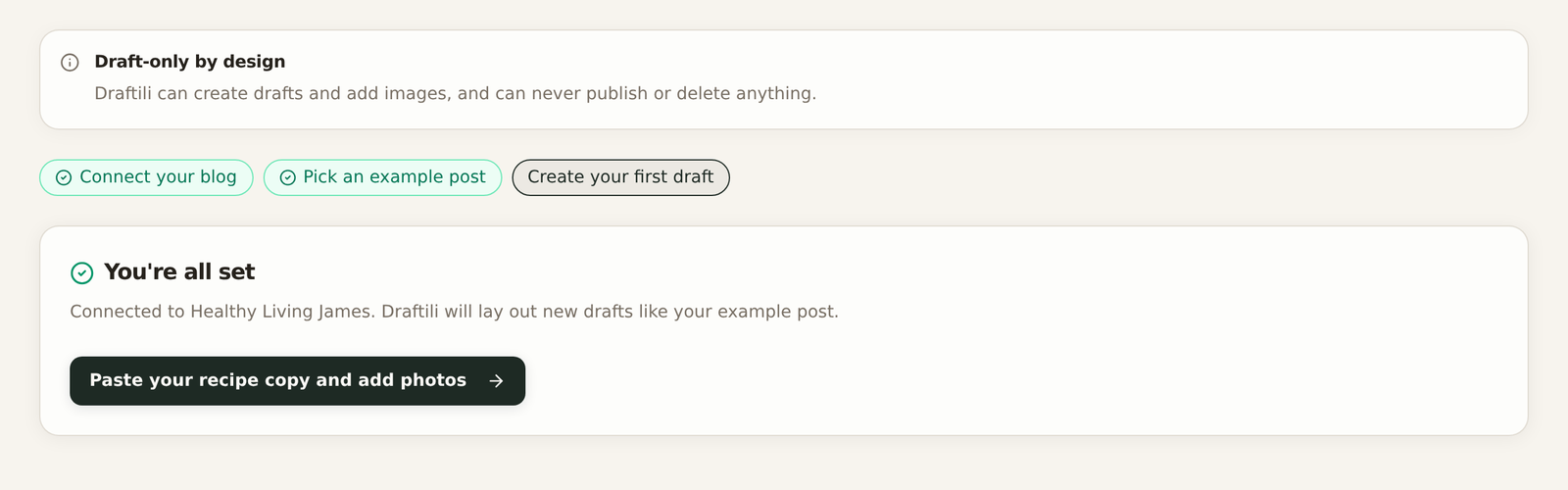Draftili setup screen showing safe WordPress connection and blog structure